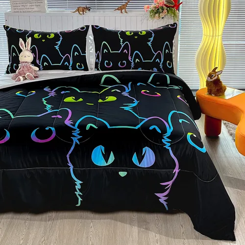 Vista 3 de BailiPromise Juego de edredón Kawaii de 3 piezas tamaño matrimonial, lindo juego de ropa de cama de dibujos animados de gatos, suave, cálido