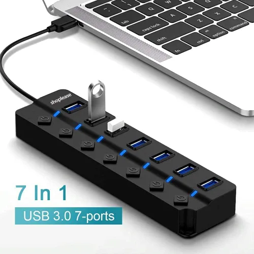 Vista 3 de Hub USB 3.0 de 7 puertos con interruptores de alimentación individuales y luces LED, divisor de concentrador de datos de alta velocidad