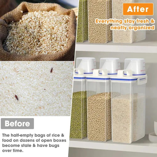 Vista 7 de TBMax Contenedor de arroz 1.8 kg / 4 libras Dispensador de arroz con taza de medición, contenedor de almacenamiento de alimentos para cocina