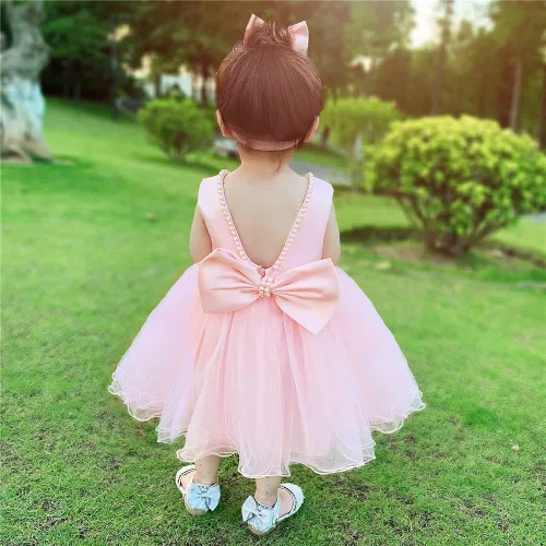 Vista 4 de 6M-6T - Vestido de bebé para niñas, vestido de encaje sin espalda, vestido de princesa formal para niños pequeños
