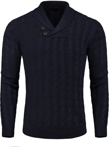 Vista 2 de COOFANDY Suéter de punto trenzado con cuello de chal para hombre, ajuste delgado, informal, con botones