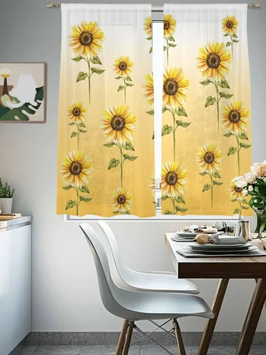 Vista 5 de Juego de 2 paneles de cortinas de girasol de 63 pulgadas de largo, cortinas traslúcidas amarillas con bolsillo para barra, cortinas de cocina