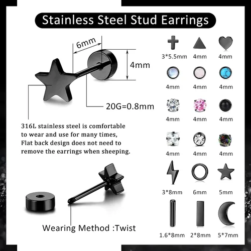 Vista 2 de TEN MIRO Juego de 18 pares de aretes pequeños para cartílago para mujeres y hombres, acero inoxidable 316L, 20G, cartílago, hélix, luna, estrella