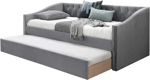Vista 4 de Cama de día tapizada de terciopelo con ribete de clavos, color gris