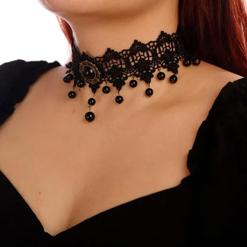 Vista 3 de Elegante collar de encaje negro vintage con flores a juego ligero para mujeres y niñas, gargantilla de piedra bohemia para adolescentes, niñas