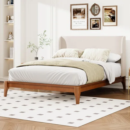 Vista 12 de Harper & Bright Designs Marco de cama de plataforma de bambú de tamaño matrimonial, cama de plataforma de madera de bajo perfil con cabecero, sin