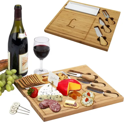 Vista 12 de Picnic at Ascot - Tabla de quesos de bambú grabada, personalizada, con 3 cuchillos de queso, plato de cerámica y marcadores de queso, diseño