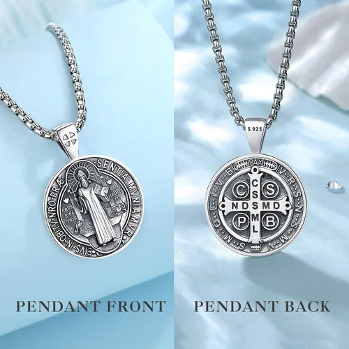 Vista 2 de EUDORA Medalla de plata de ley S925 con collar de San Patrono para mujeres A01-Saint Benedict Medalla