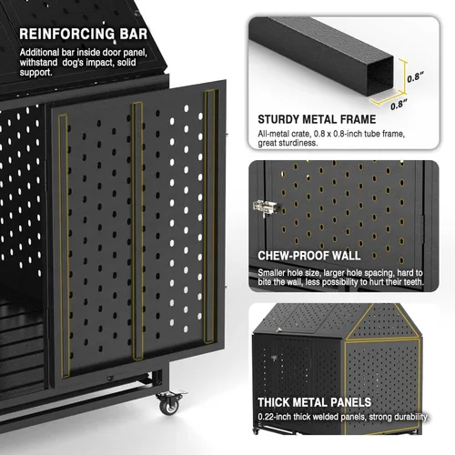 Vista 4 de Jaulas resistentes de 44 pulgadas para perros grandes, jaula indestructible a prueba de escapes con ruedas bloqueables, doble puerta de alta