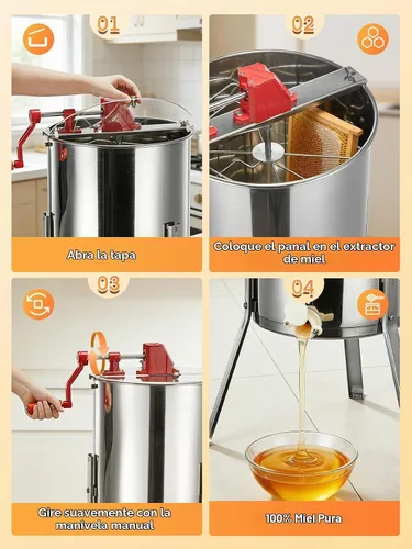 Vista 8 de FOHERE Extractor de miel de 3 marcos, equipo de apicultura manual de acero inoxidable de grado alimenticio, centrífuga de piarés con soporte