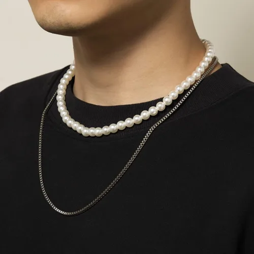 Vista 3 de Collar de perlas para hombre, gargantilla redonda de perlas blancas, collar de perlas de oro, collar de joyería para niños
