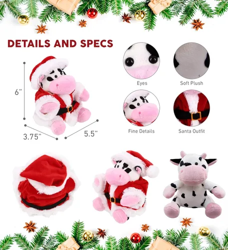Vista 2 de DolliBu Juguete de peluche de vaca de Papá Noel, súper suave, disfraz de animal salvaje con traje de Papá Noel rojo, lindo regalo de vida silvestre
