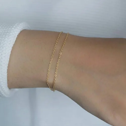 Vista 4 de Pulsera de cadena de elegante oro para mujer, pulseras de cadena individual o en capas, con eslabón de dije de corazón, karma, triángulo, perlas