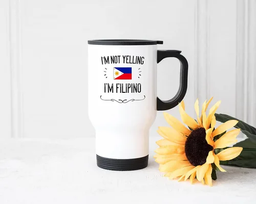 Vista 3 de Taza de viaje de 14 onzas con texto en inglés "I'm Not Yelling I'm Filipino" (14 onzas) de recuerdo del orgullo del orgullo y regalos del orgullo