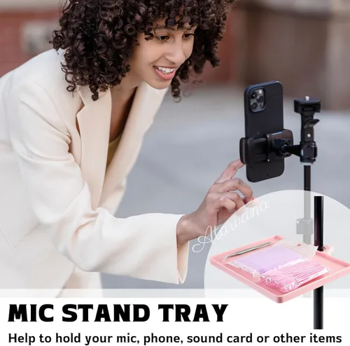 Vista 2 de Soporte Universal de Micrófono con Bandeja, Soporte Ajustable de Micrófono con Abrazadera, Estante Utilitario con Bandeja para Partituras Musicales