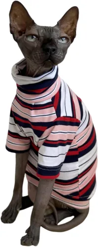 Vista 3 de Camisa de algodón con cuello redondo para gatos sin pelo Sphynx de rayas vintage, ropa para mascotas con mangas, camisetas para gatitos para Sphynx