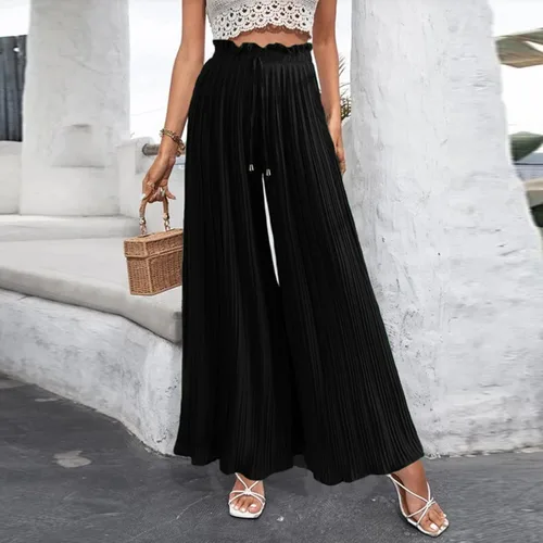 Vista 2 de YOLAI Pantalones palazzo de pierna ancha para mujer, pantalones casuales de cintura alta, plisados, holgados, con cordón