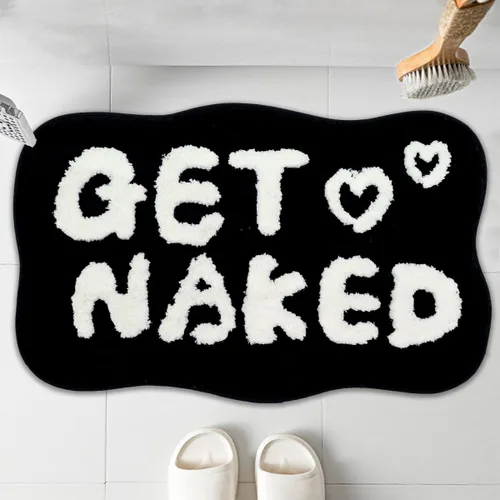 Vista 8 de Alfombra de baño con texto en inglés "Get Naked", alfombra de baño divertida, suave, antideslizante, bonita, divertida decoración de baño para Negro