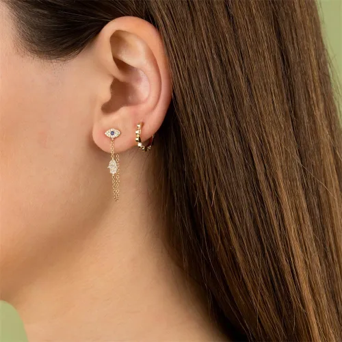 Vista 2 de Aretes colgantes con borla de palma de mal de ojo para mujeres y niñas, circonita cuíbica, hipoalergénica, cadena de borla, aretes colgantes