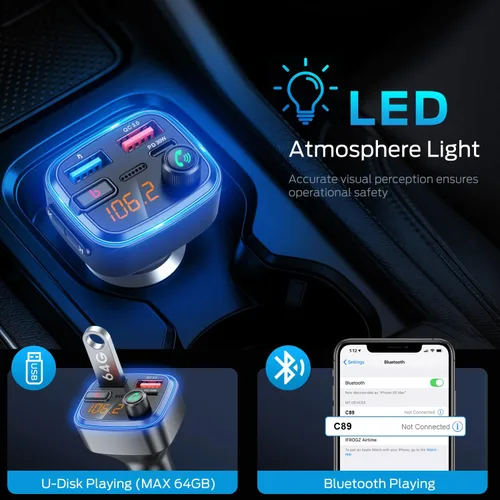 Vista 3 de Adaptador Bluetooth 5.4 de carga USB Bluetooth para automóvil, radio transmisor FM inalámbrico, llamadas manos libres y receptor de audio (azul-48W)