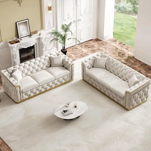 Vista 14 de Sofá de dos plazas Chesterfield de terciopelo de 62.2 pulgadas, sofá de lujo blanco y dorado, beige Gris