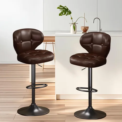 Vista 7 de Juego de 2 taburetes de bar, taburetes de bar giratorios ajustables, moderna silla de bar tapizada de piel sintética con respaldo y reposapiés