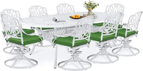 Vista 26 de Juego de comedor de patio de 9 piezas, mesa y sillas de patio al aire libre, mesa de comedor ovalada de aluminio fundido de 84 pulgadas con agujero