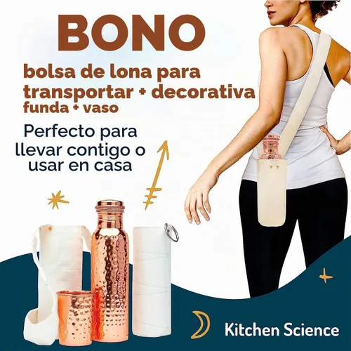 Vista 3 de Kitchen Science Botella de agua de cobre ayurvédico auténtica (1000 ml/34 oz) con vaso de cobre para agua potable, bolsa de transporte y funda