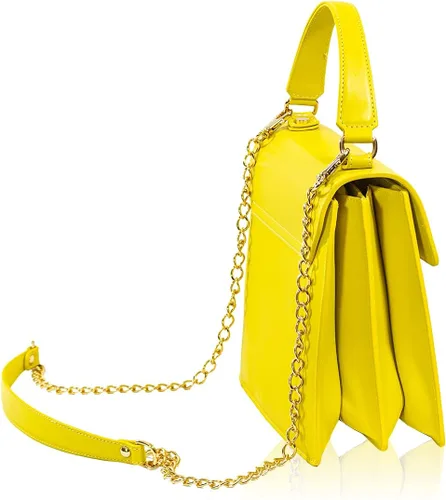 Vista 4 de Valentino Orlandi Bolso pequeño para mujer, diseño italiano, con asa superior, amarillo, bordado floral, bolso de cuero con correa de cadena, Onyx, M