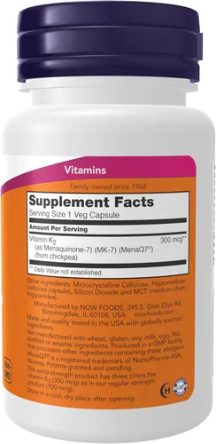 Vista 2 de NOW Foods Suplementos, Vitamina K2 (MK-7) 300 mcg, Fuerza Extra, Soporte para la Salud de los Huesos*, 60 Cápsulas Vegetales
