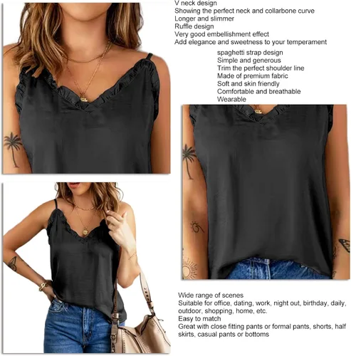 Vista 3 de Camiseta sin mangas de verano con tirantes delgados y ribete de encaje, con cuello en V y dobladillo suelto para citas diarias