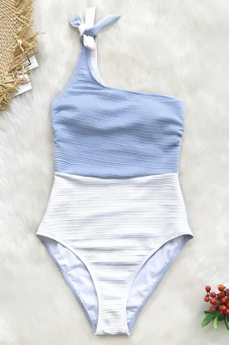 Vista 5 de CUPSHE - Traje de baño de una pieza para mujer, bloque de color, de un hombro, con lazo.