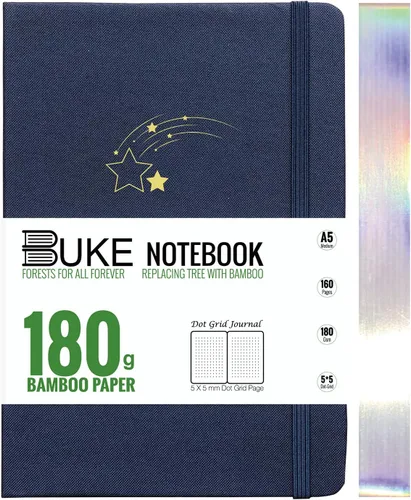 Vista 13 de BUKE Cuaderno de cuadrícula de puntos, papel blanco de bambú de 6.35 oz/m², 5 puntos de 0.197 x 0.197 in, 160 páginas, encuadernación plana, bordes