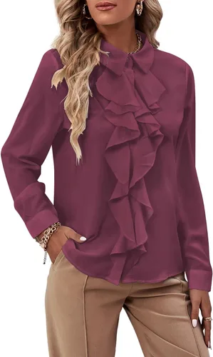 Vista 9 de LYANER - Blusa de manga larga con cuello de botón y volantes en la parte delantera para mujer