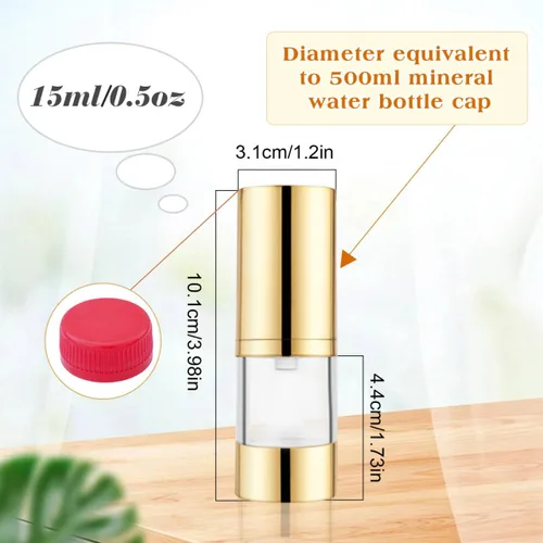Vista 2 de 4 botellas de plástico transparente sin aire de 0.5 fl oz/0.5 oz con cabeza dorada, vacíos, rellenables, al vacío, cosméticos, almacenamiento