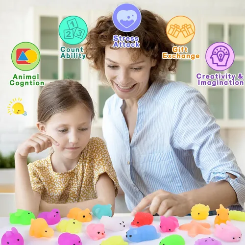 Vista 4 de 30 piezas de juguetes esponjosos Kawaii, juguetes blandos Mochi para niños, recuerdos de fiesta, mini juguetes esponjosos para aliviar el estrés