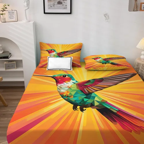 Vista 2 de Juego de sábanas de colibrí tamaño individual, sábanas vintage de arco iris, sábanas y fundas de almohada estampadas de 3 piezas, sábana bajera