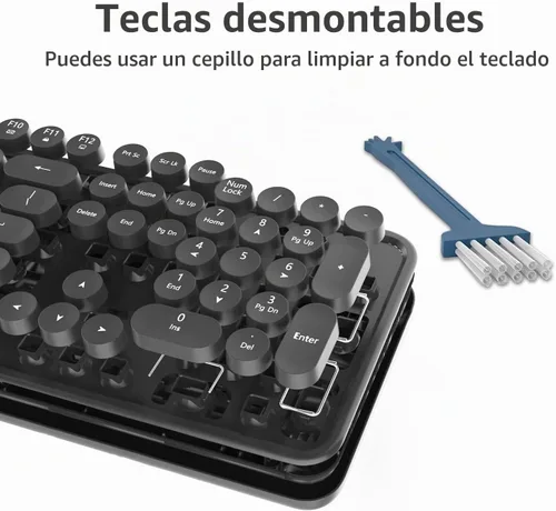 Vista 4 de Combo de teclado y mouse inalámbricos, teclado retro estilo máquina de escribir con teclas redondas, conexión de 2.4 GHz libre de caídas, mouse