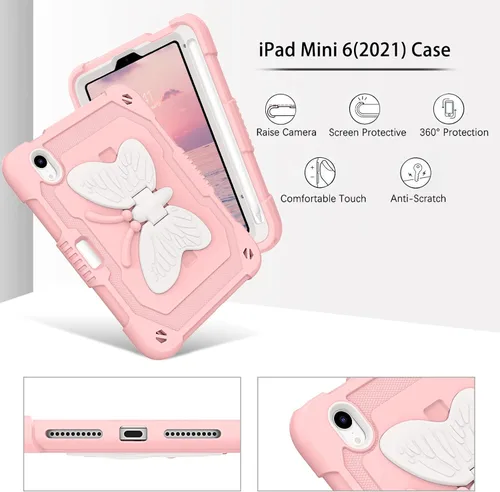 Vista 3 de DUEDUE Funda para iPad mini 7 (A17 Pro) 2024, iPad mini 6 2021, alas de mariposa con soporte para lápiz, funda protectora a prueba de golpes