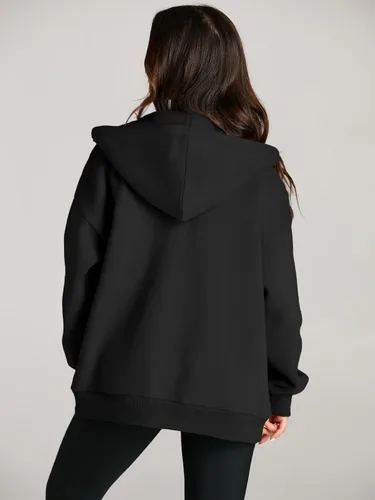 Vista 5 de EFAN Sudaderas con capucha lindas para mujer con cordón y cremallera, chaqueta de otoño de gran tamaño, sudaderas casuales con bolsillo Negro
