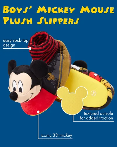 Vista 2 de Disney Boys' Mickey Mouse Slippers 3D Head Plush Sock Top Slippers (ToddlerBoy)