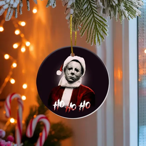 Vista 5 de Adornos Colgantes de Navidad Ho-Ho-Ho de 2 Lados Impresos 2025, Regalos de Terror de Navidad para Amantes de las Películas, Adorno de Cerámica