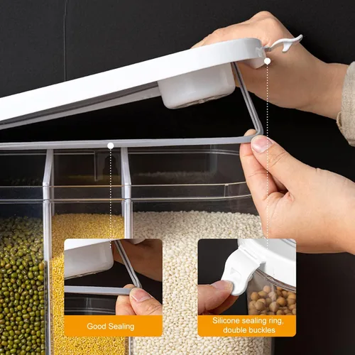 Vista 8 de Dispensador de alimentos secos de 5 rejillas, dispensador de cereales transparentes de 16.1 x 6.3 x 13.2 pulgadas con tapa extraíble, recipiente