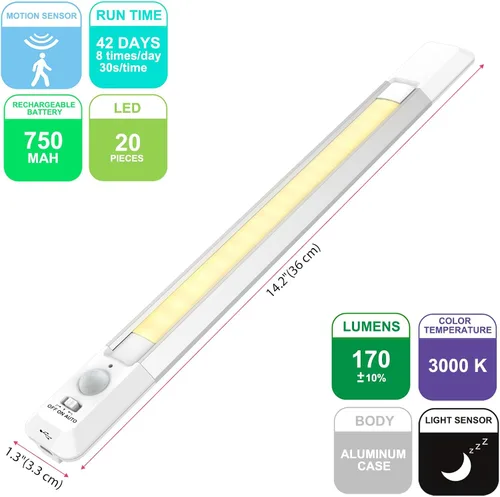 Vista 6 de BIGMONAT Luz nocturna LED con sensor de movimiento, luces inalámbricas recargables por USB para debajo del gabinete, barra de iluminación magnética