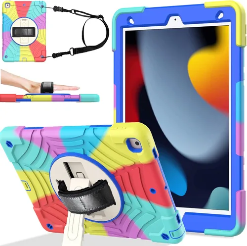 Vista 18 de BMOUO Funda para iPad de 9ª/8ª/7ª generación de 10.2", a prueba de golpes con soporte giratorio de 360°, correa de hombro y mano, funda para iPad