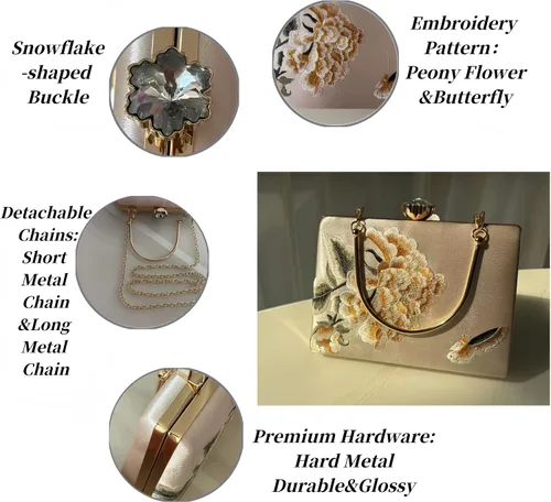 Vista 3 de Bolso bordado de seda para mujer, bolso de hombro rectangular, bolso cruzado para banquete de boda
