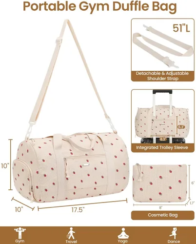 Vista 2 de Bolsa de gimnasio para mujer con compartimento para zapatos Fresa de pana beige