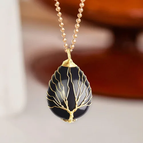 Vista 4 de Collar con colgante de lágrima envuelto en alambre dorado, collares de piedra de cristal curativa del árbol de la vida, joyas de piedras preciosas
