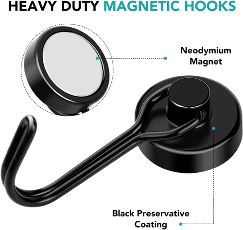 Vista 4 de DIYMAG - Ganchos magnéticos negros, imanes de 18 kg de alta resistencia, 2026, esenciales para cruceros, cabinas, con gancho de metal para colgar