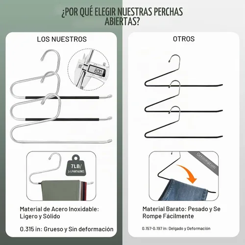 Vista 3 de DOIOWN - Perchas de extremo abierto para jeans - 10 perchas de jeans de acero inoxidable de 8 mm de grosor, perchas versátiles antideslizantes